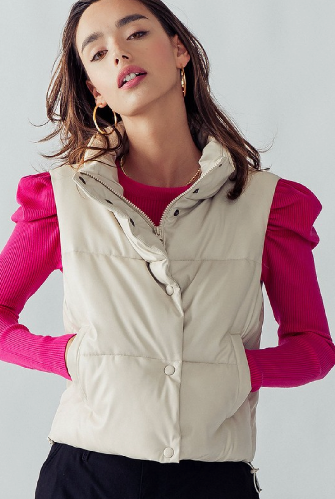 Stand Collar Relaxed Cropped Puffer Vest - Cream