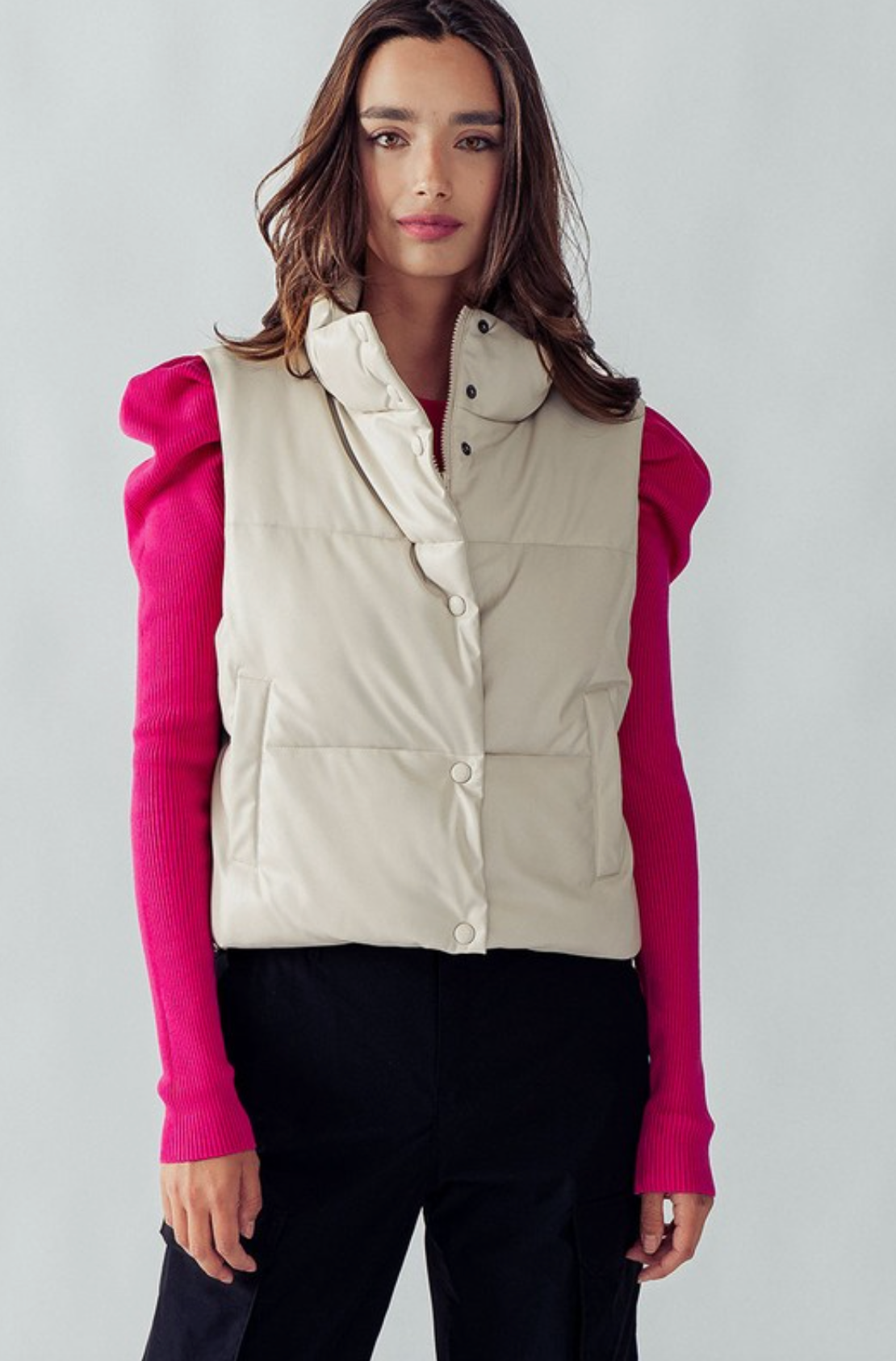 Stand Collar Relaxed Cropped Puffer Vest - Cream