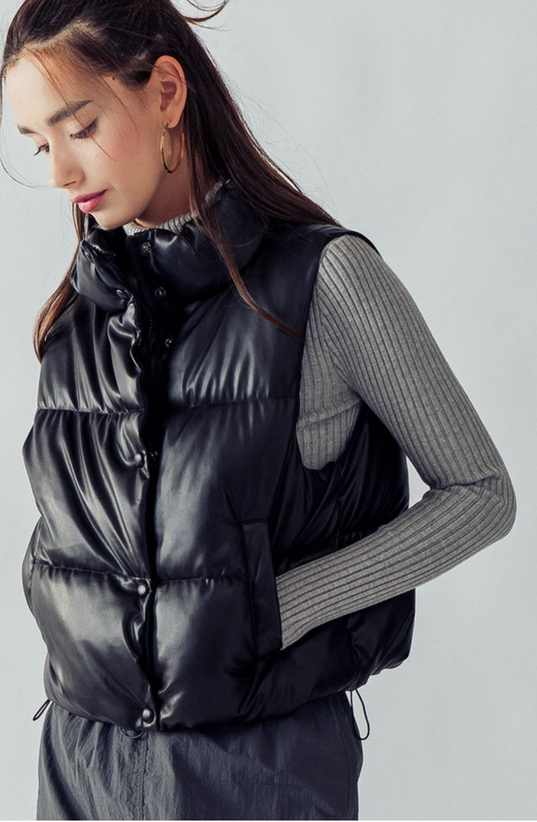 Stand Collar Relaxed Cropped Puffer Vest - Black