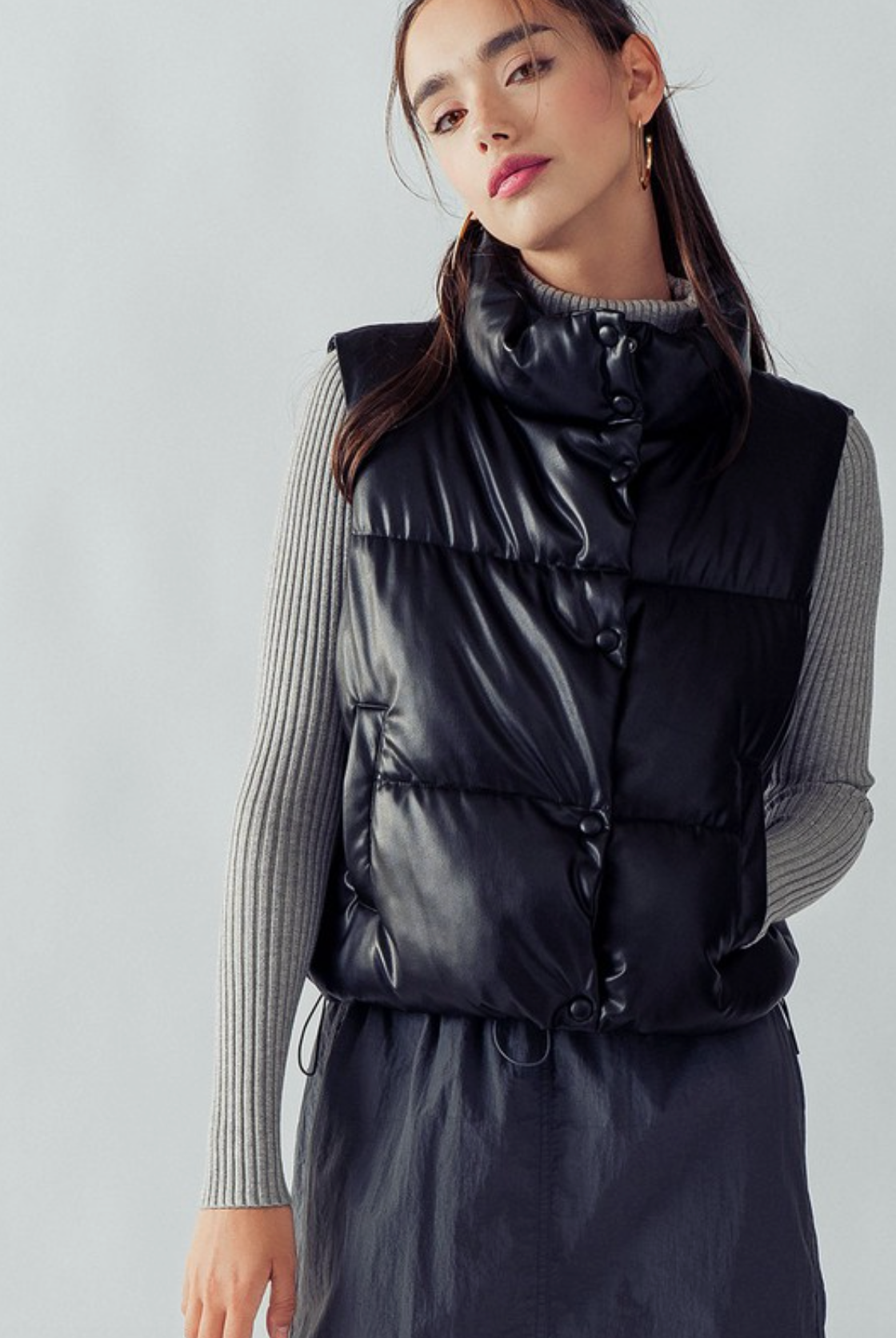 Stand Collar Relaxed Cropped Puffer Vest - Black