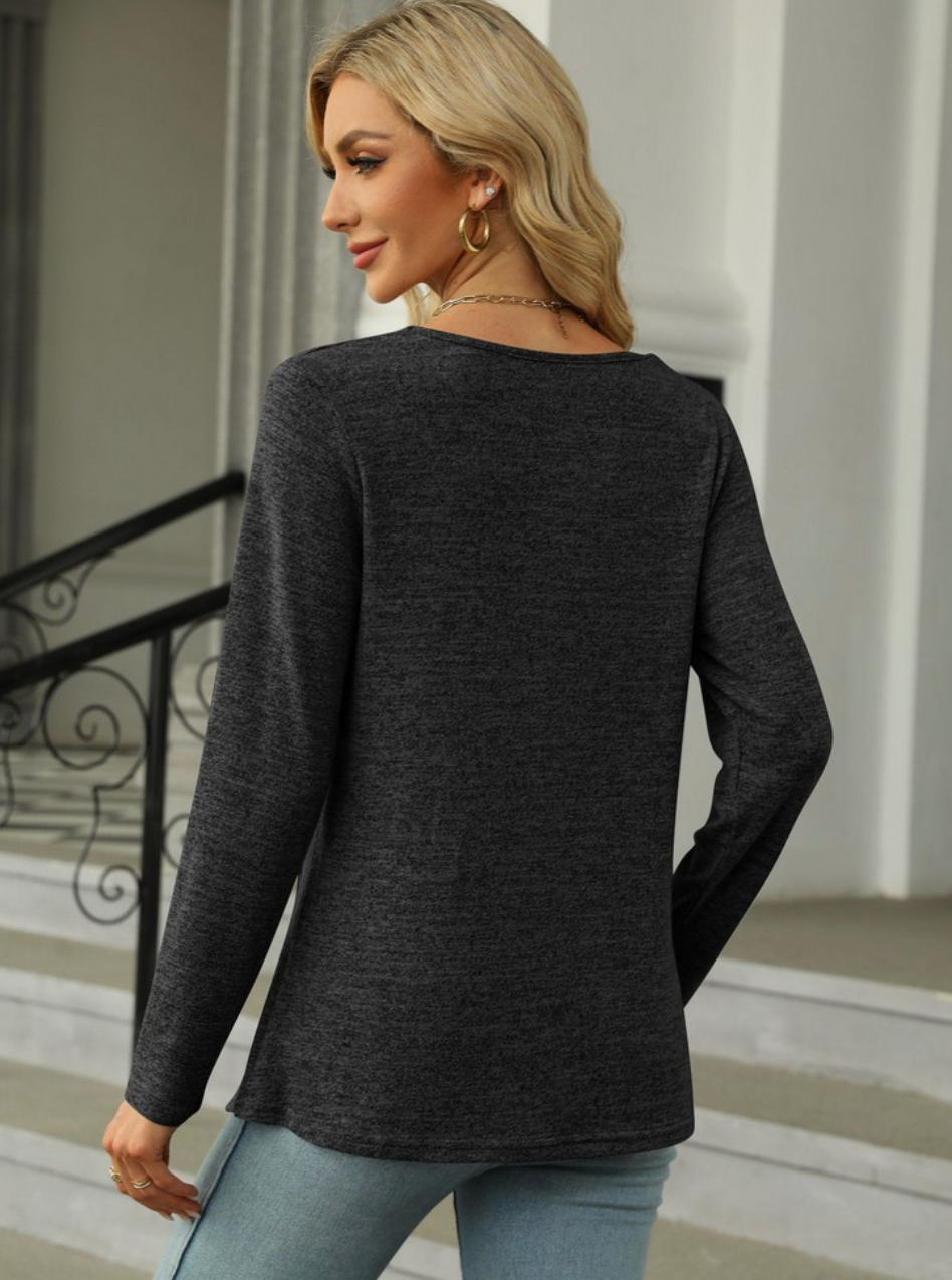 Square Neck Long Sleeve Button Side Slit Top