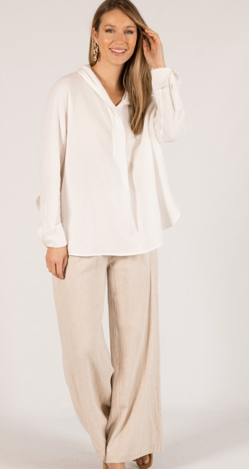 Gauze Hooded Long Sleeve Top