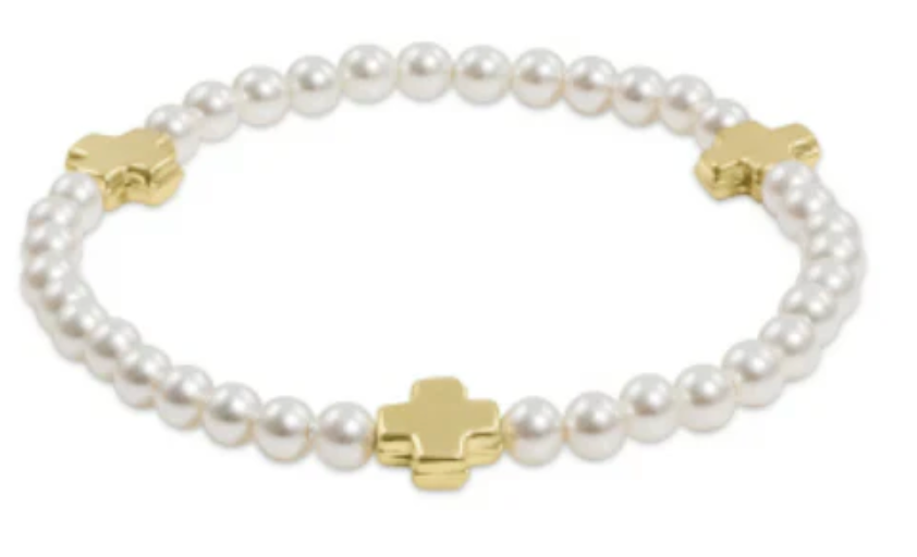 SIGNATURE CROSS PEARL 4MM BEAD BRACELET - GOLD