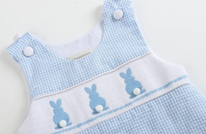 Blue Gingham Bunny Smocked Shortalls