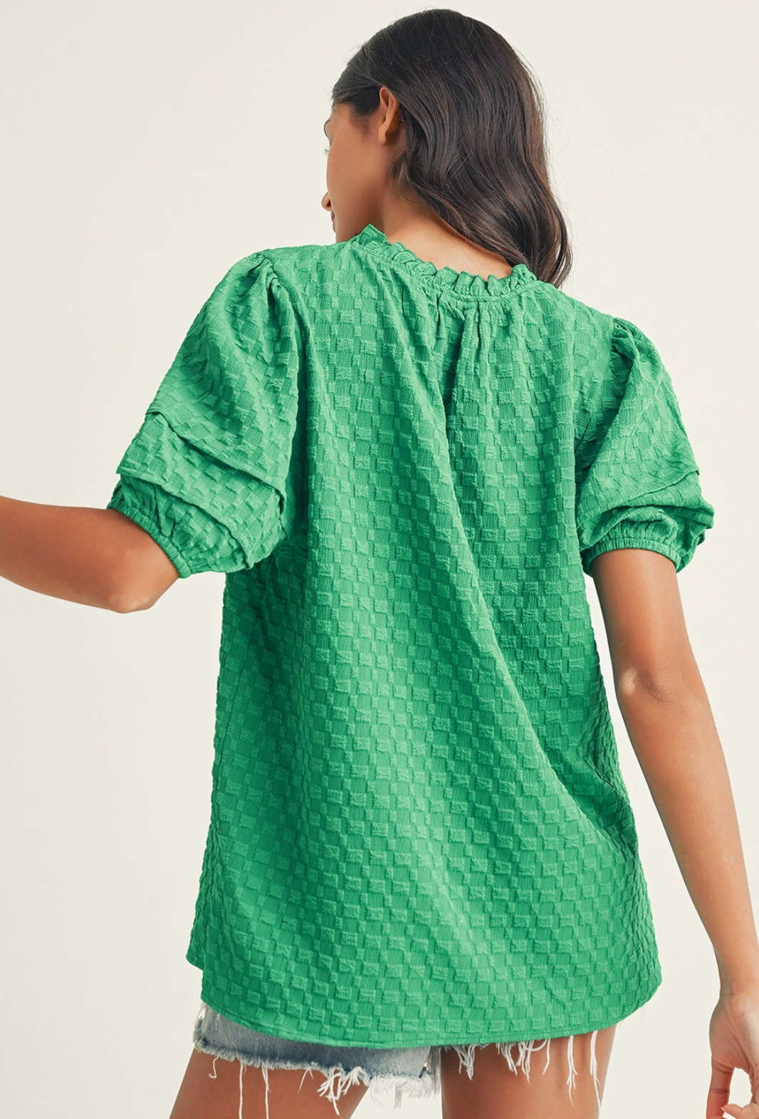 Textured Green Puff Sleeve Top