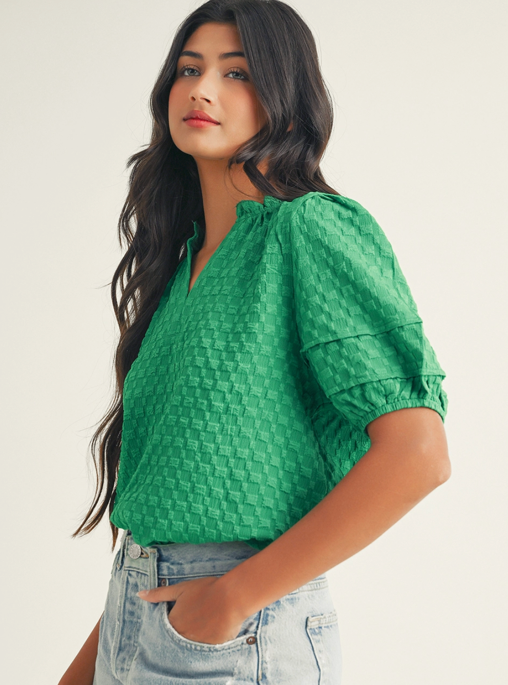 Textured Green Puff Sleeve Top