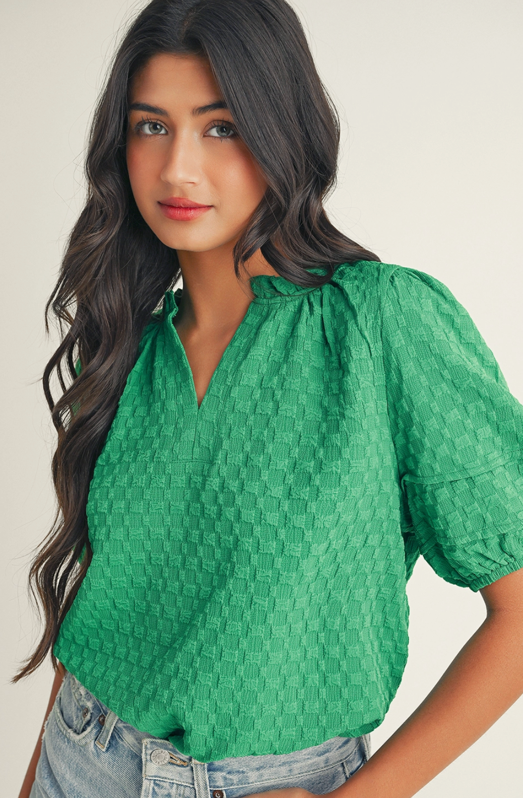 Textured Green Puff Sleeve Top