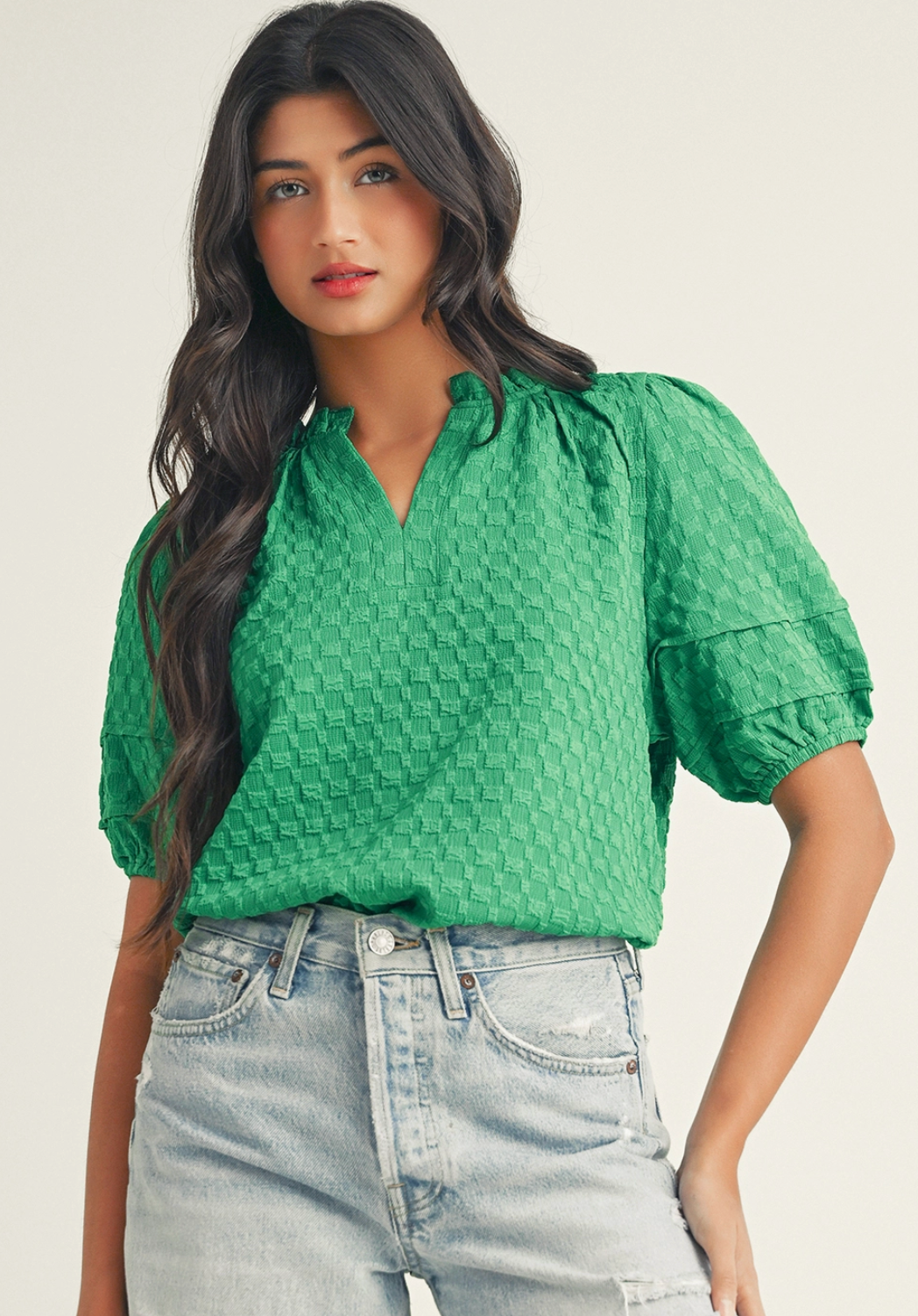 Textured Green Puff Sleeve Top