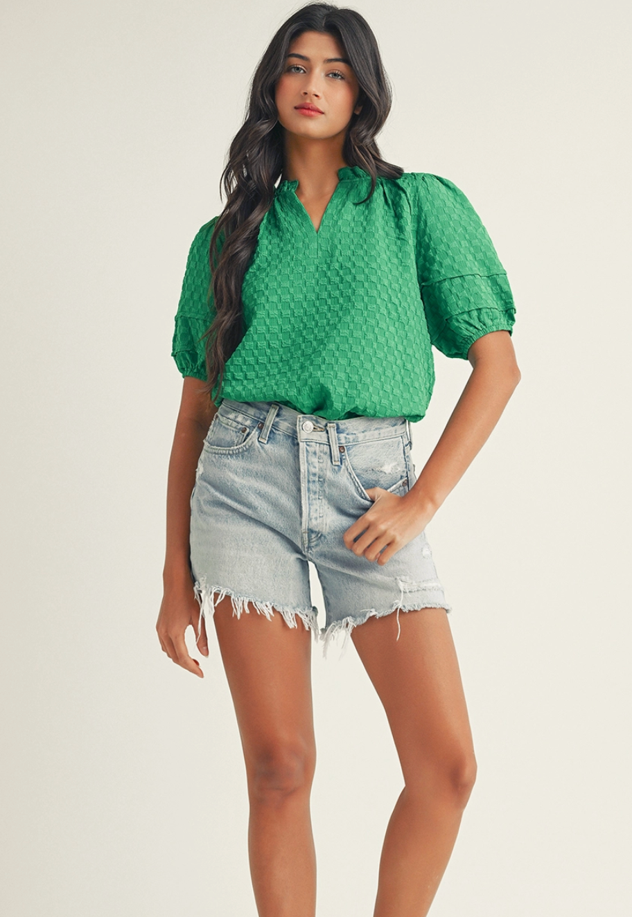 Textured Green Puff Sleeve Top