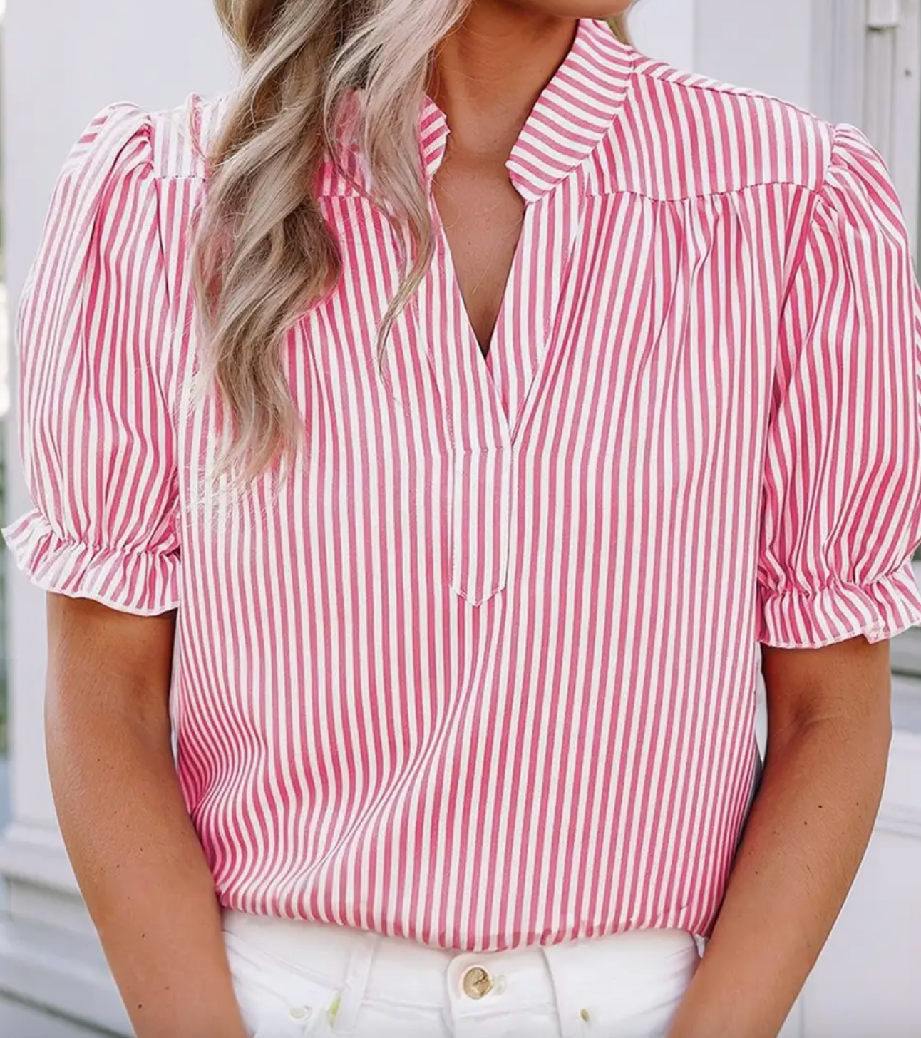 Pink Striped V Neck Short Sleeve Blouse