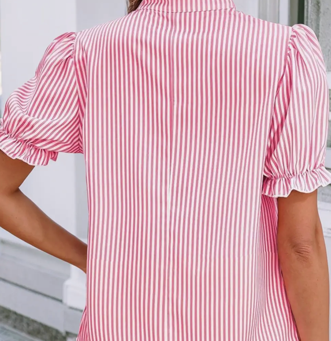 Pink Striped V Neck Short Sleeve Blouse