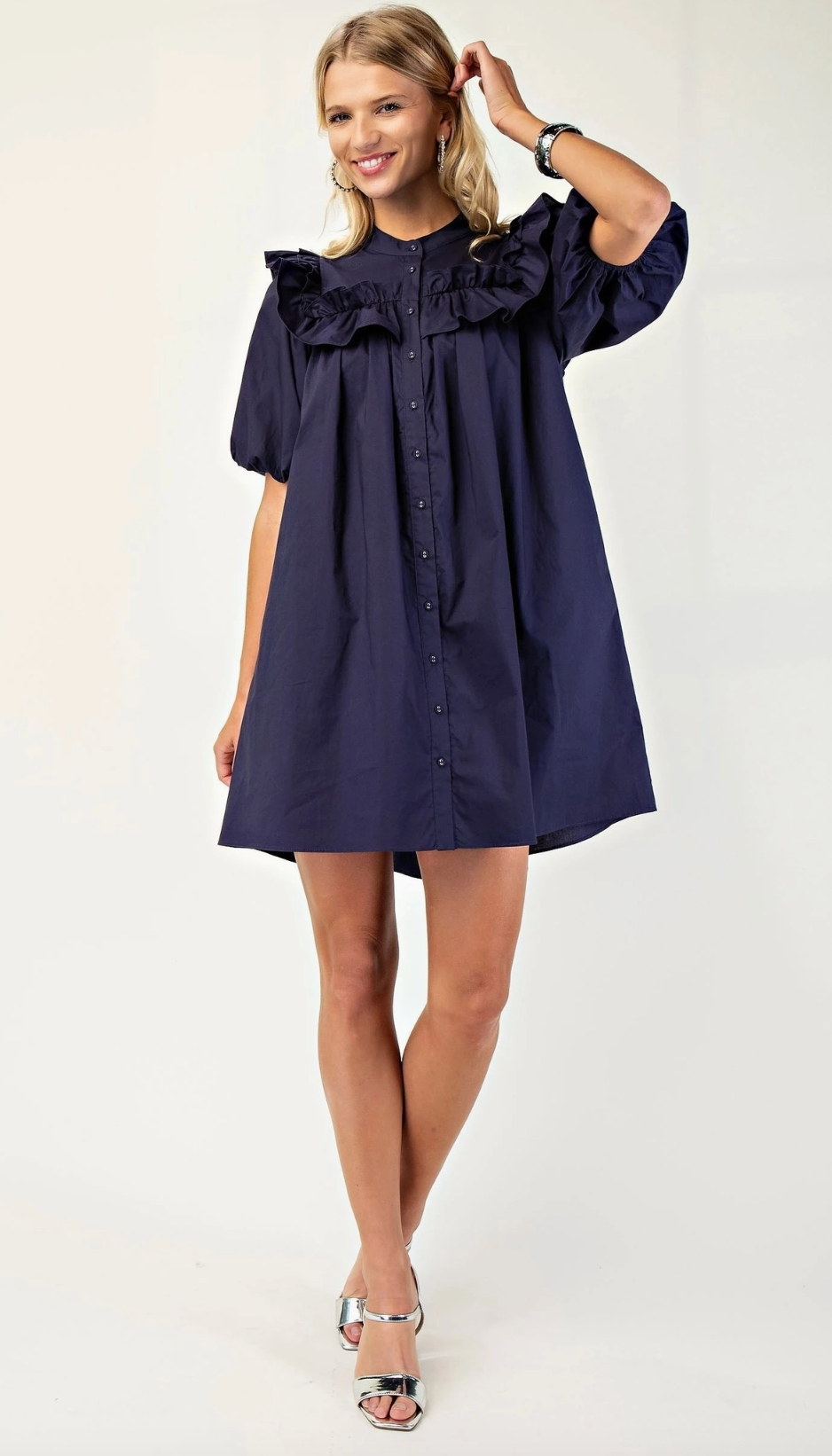 Navy Puff Sleeve Ruffle Dress