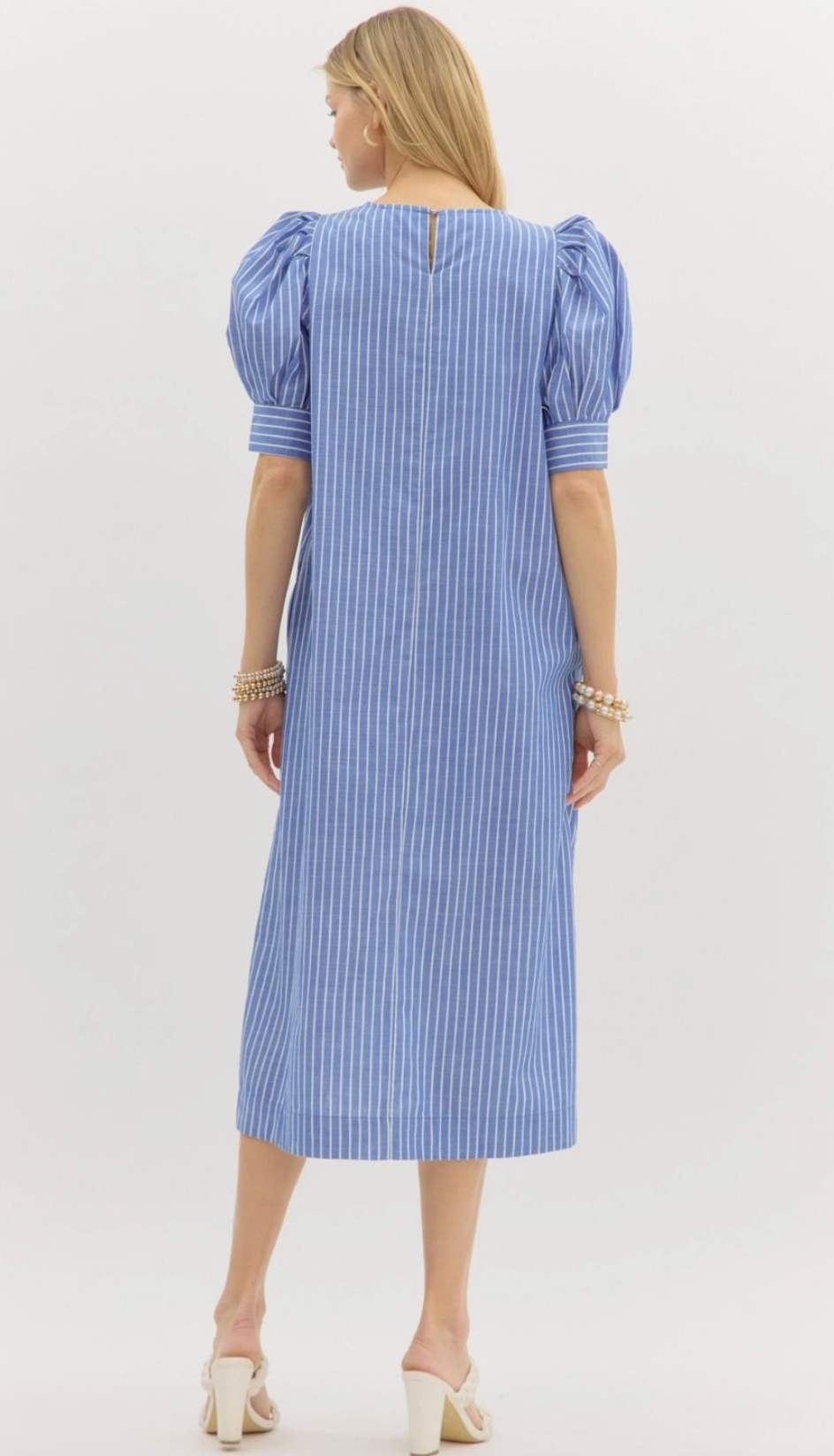 Striped Pleated Puff Sleeve Midi Dress