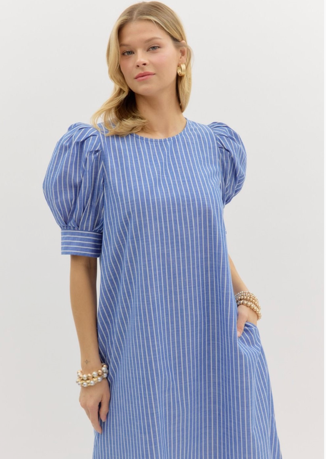 Striped Pleated Puff Sleeve Midi Dress