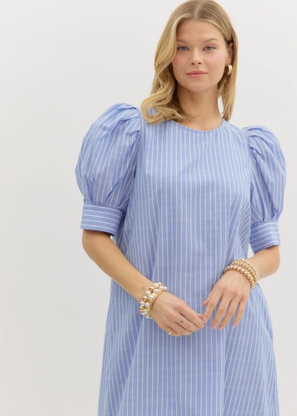 Striped Pleated Puff Sleeve Midi Dress