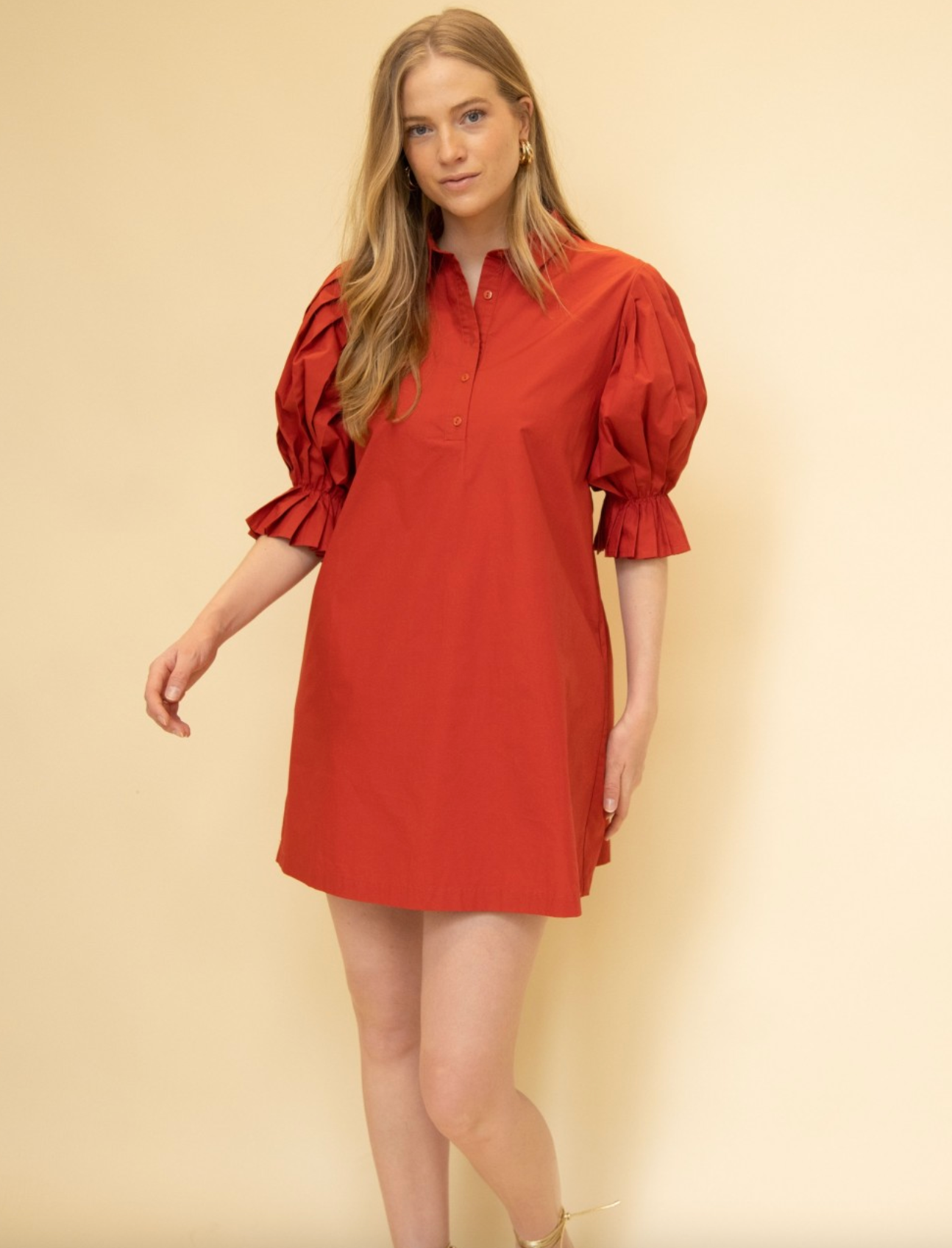 Poplin Cherry Red Pleated Sleeve Dress