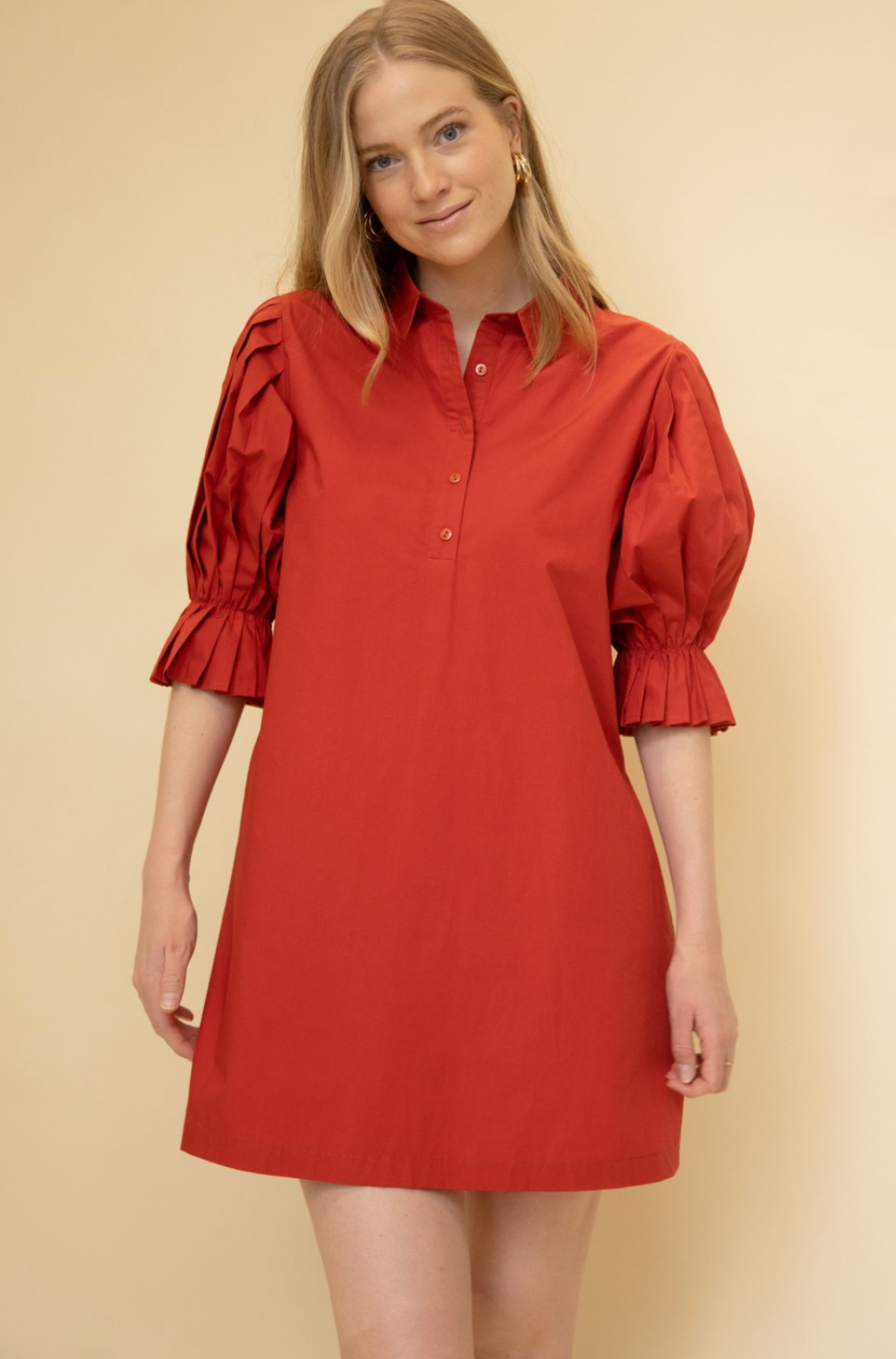 Poplin Cherry Red Pleated Sleeve Dress – Tricia's