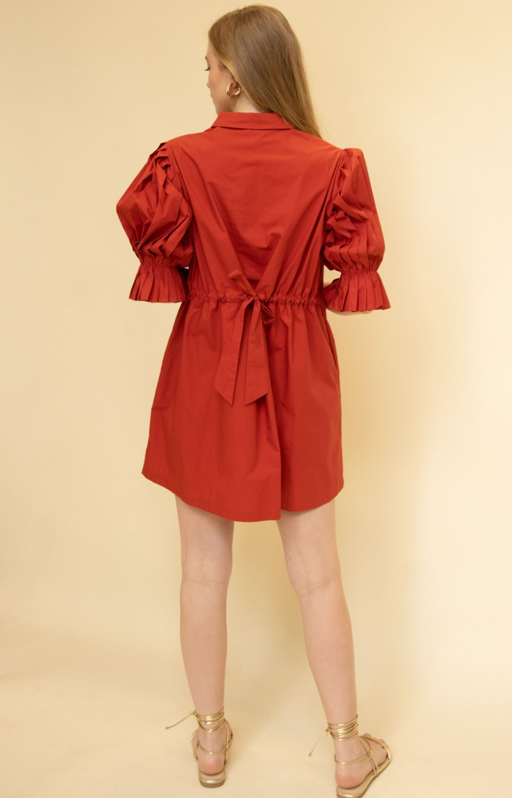 Poplin Cherry Red Pleated Sleeve Dress
