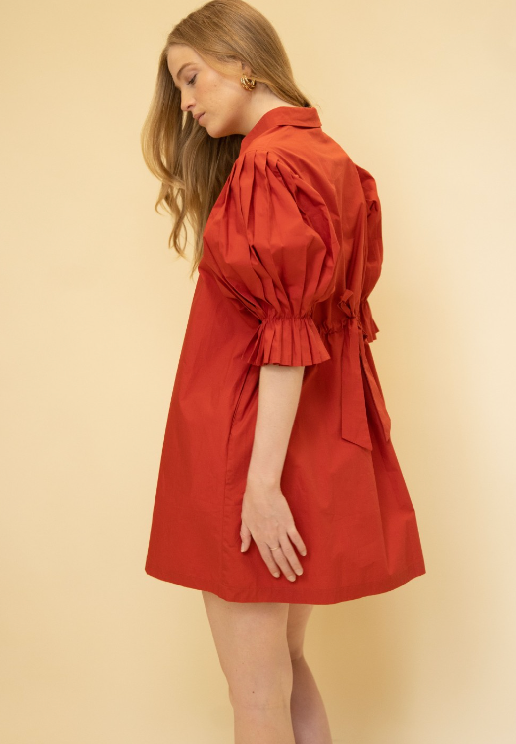 Poplin Cherry Red Pleated Sleeve Dress