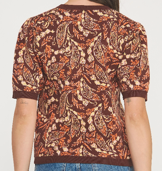Paisley Pattern Short Sleeve Intarsia Knit Top