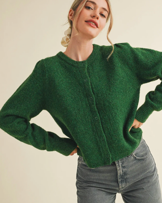 Long Puff Sleeve Sweater Cardigan-Green