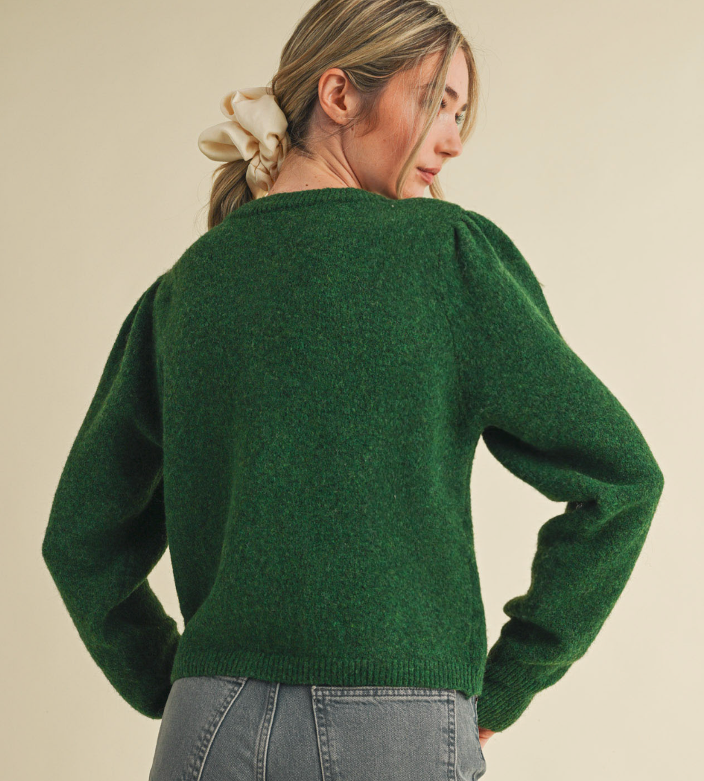 Long Puff Sleeve Sweater Cardigan-Green