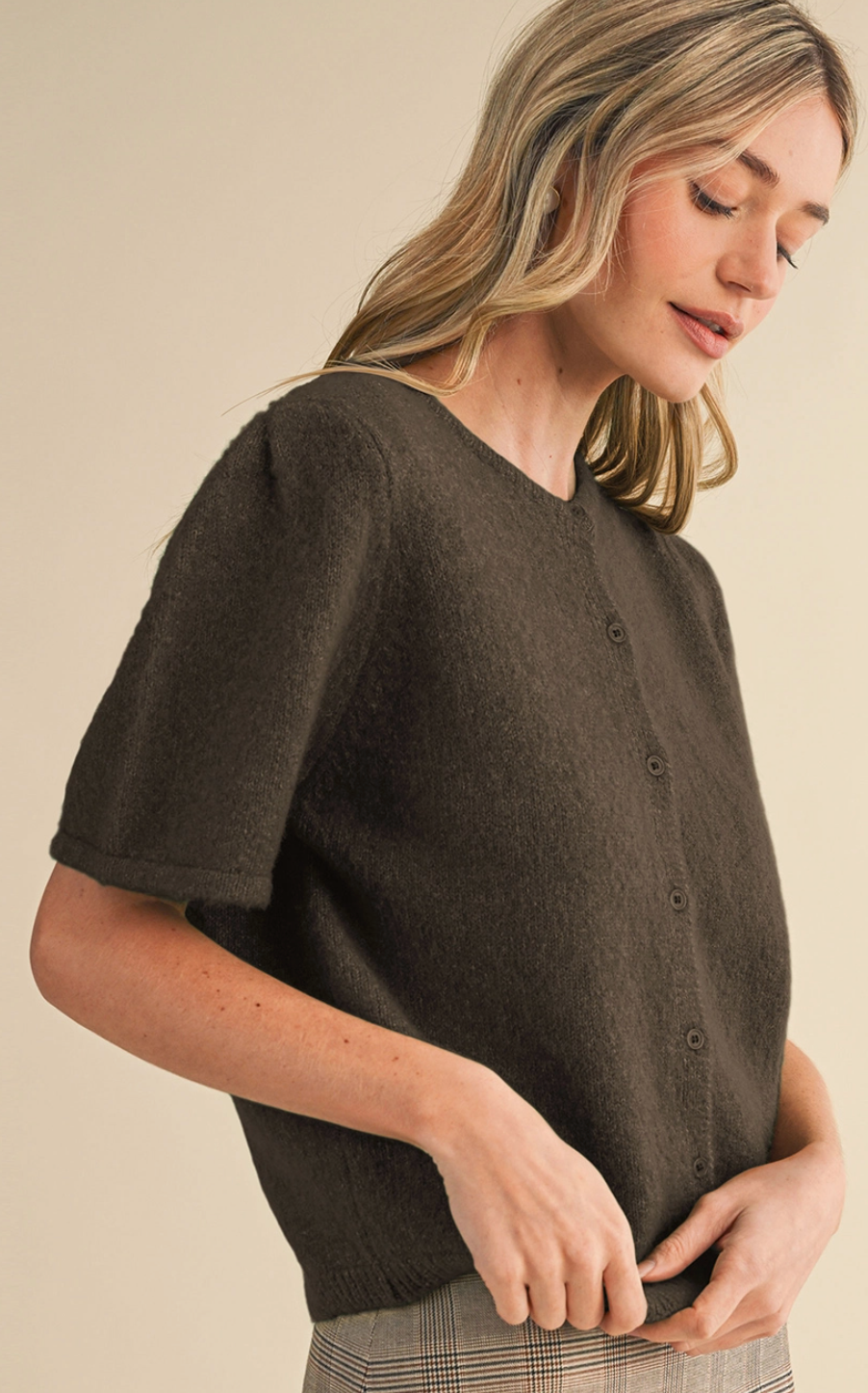 Short Puff Sleeve Sweater Cardigan