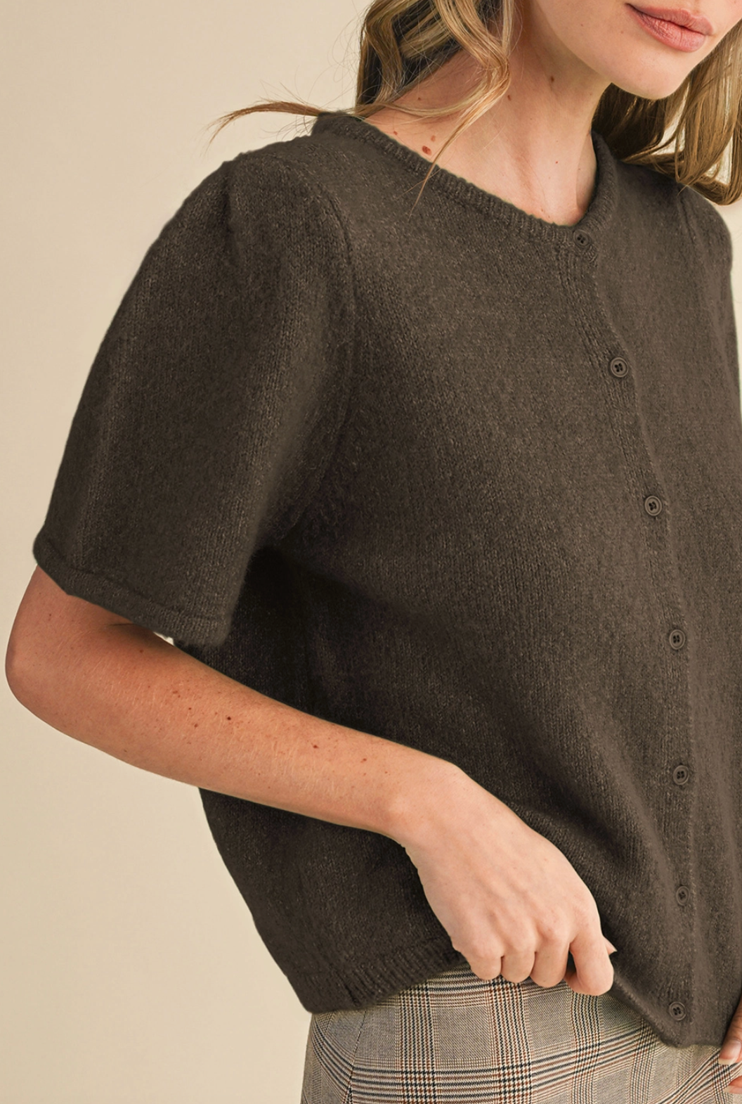 Short Puff Sleeve Sweater Cardigan