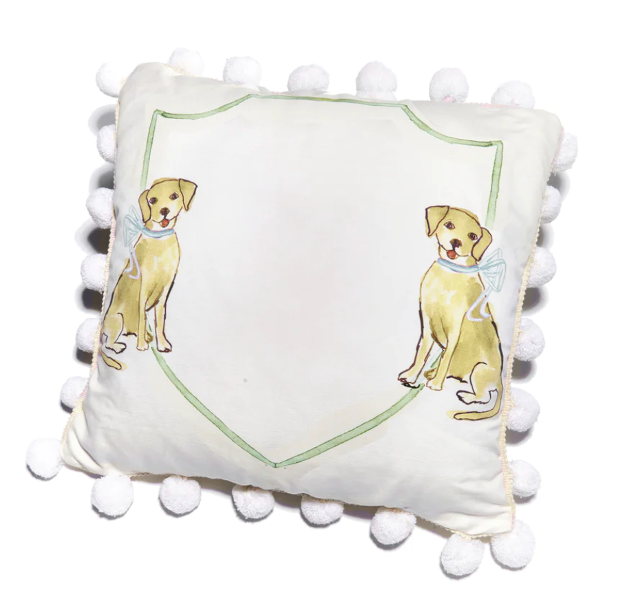 Yellow Dog w/ Blue Bow & Pom Pillow