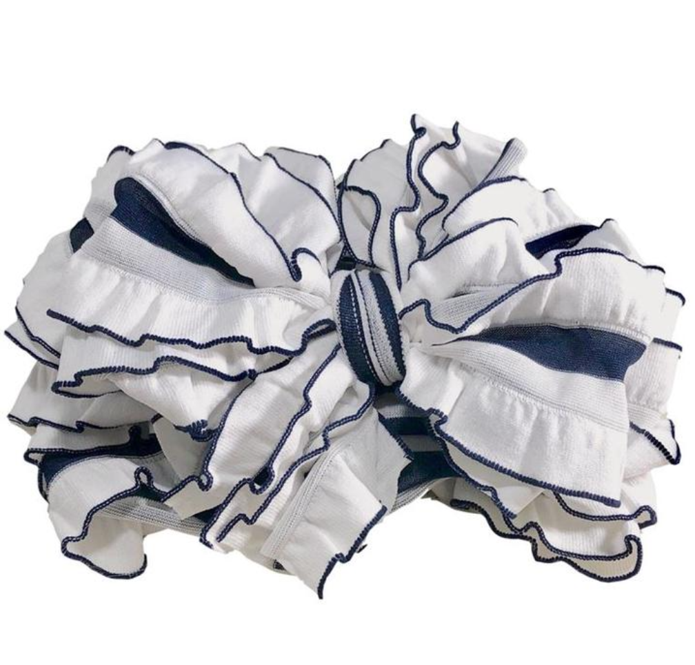 Ruffled Headband Bow - Navy/White Stripe