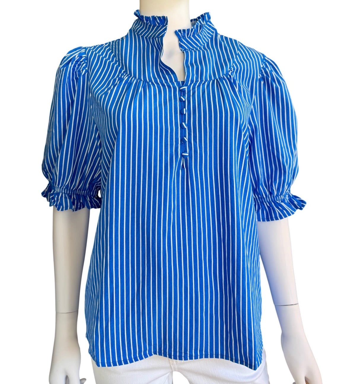 Blue Striped Ruffle Sleeve Blouse