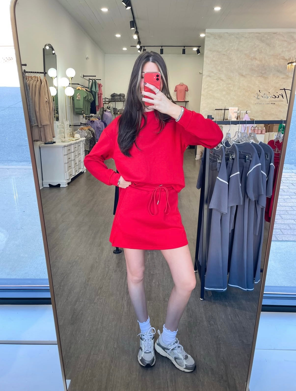 Racing Red Pullover Drawstring Mini Skirt 2pcs Set