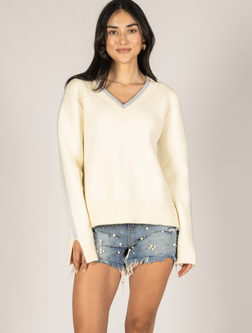 Knit V-Neck Contrast Sweater Top