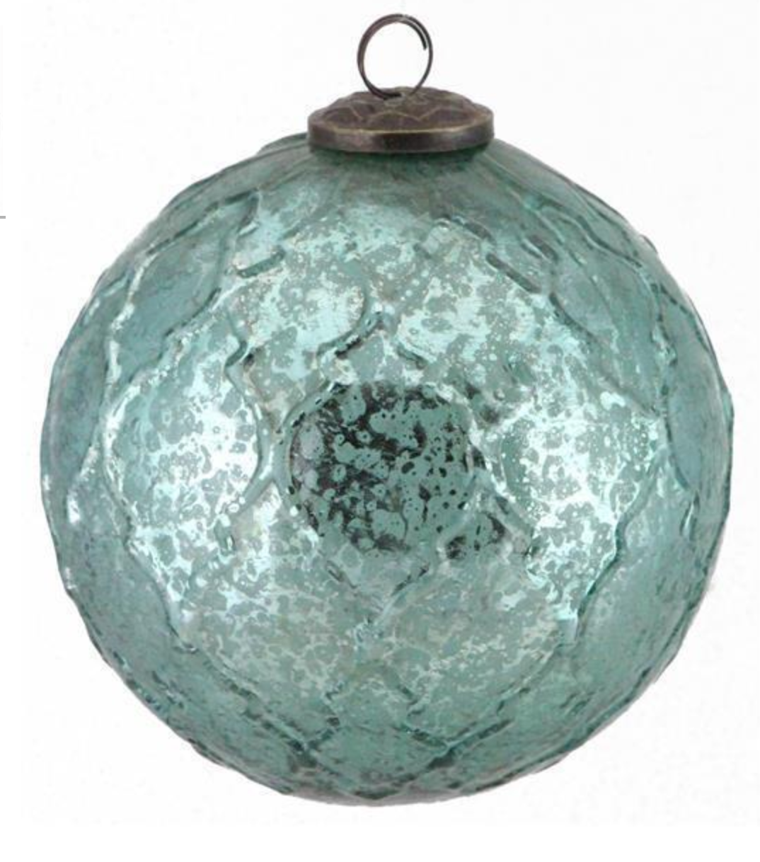 6"Turquoise Quatrefoil Glass Ball Ornament