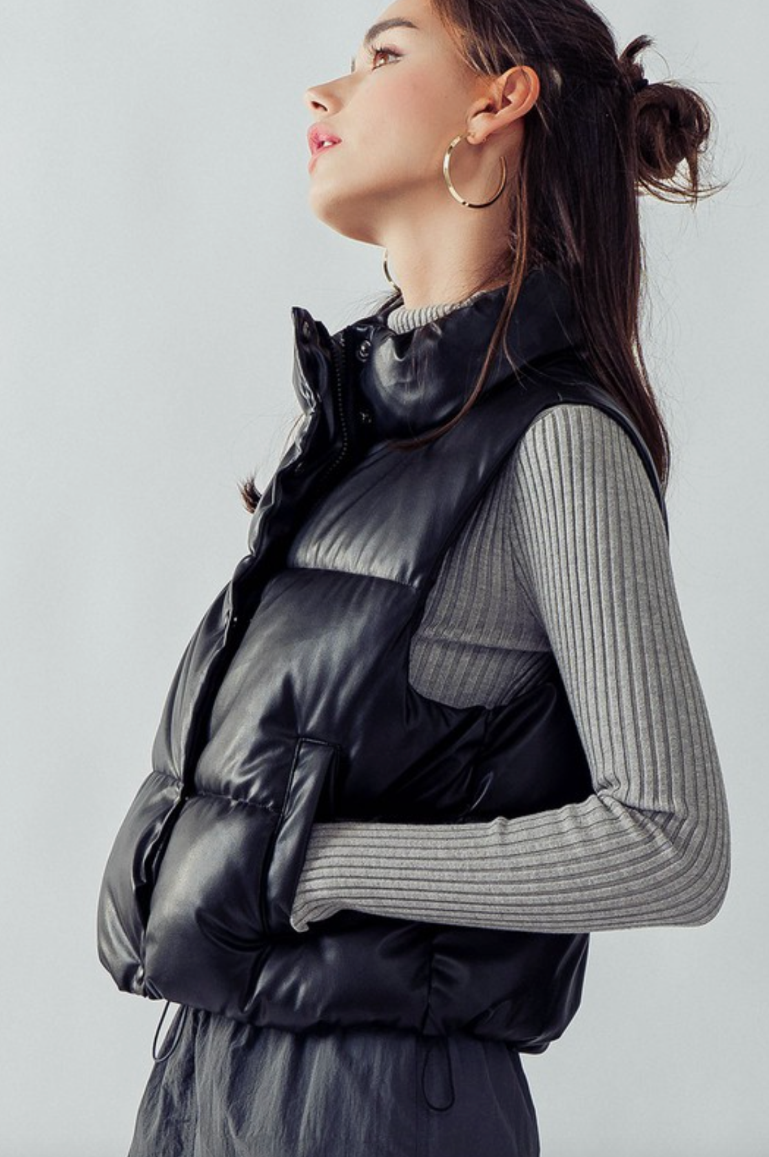 Stand Collar Relaxed Cropped Puffer Vest - Black