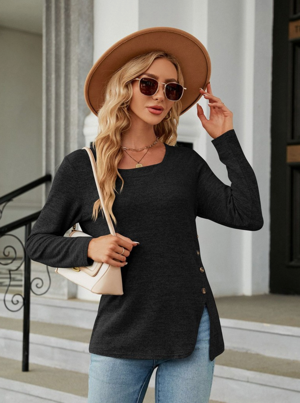 Square Neck Long Sleeve Button Side Slit Top