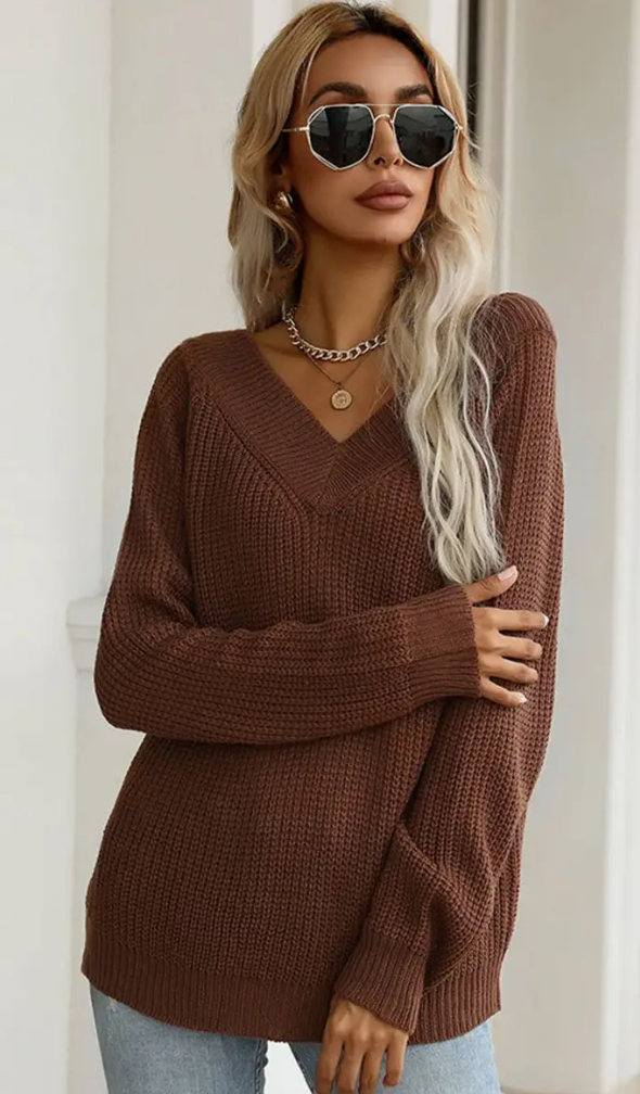 V Neck Long Sleeve Sweater - Chocolate