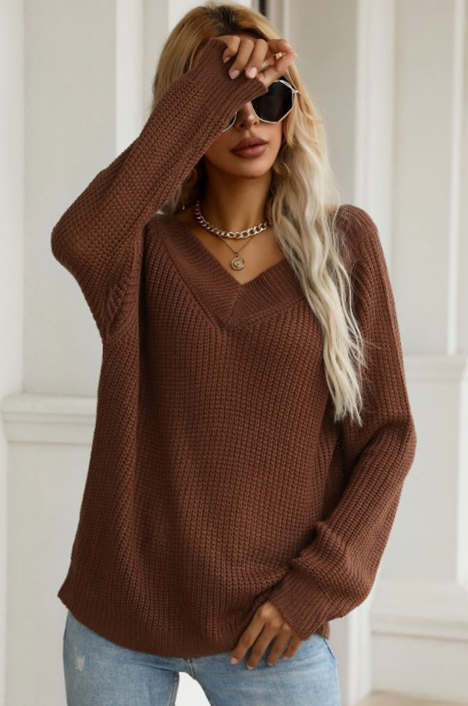 V Neck Long Sleeve Sweater - Chocolate