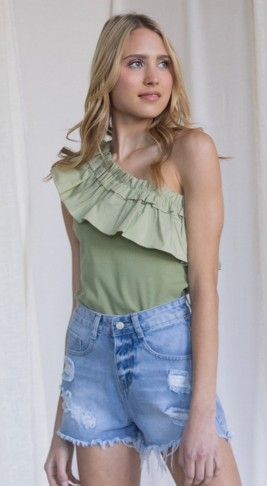 One Shoulder Ruffled Ribbed Top
