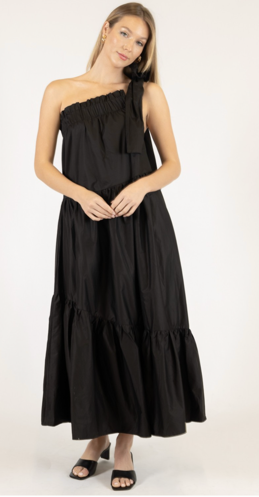 Poplin One Shoulder Maxi Dress - Black