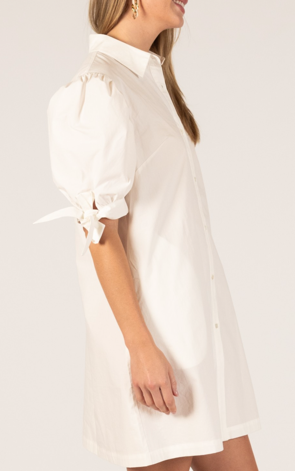 Poplin Bow Sleeve Button Up Dress - White