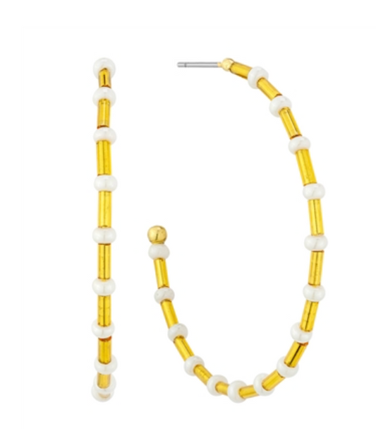 White Seed Bead and Gold 2" Hoop Earring