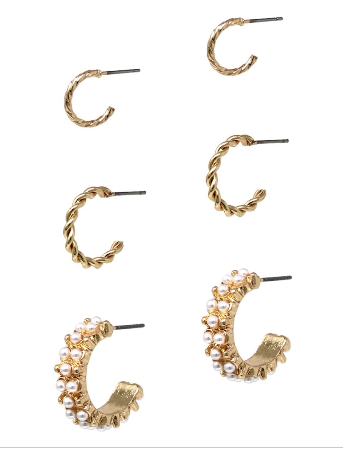 Set of 3 Huggie Hoop, Thin Gold and Textured Pearl Earrings