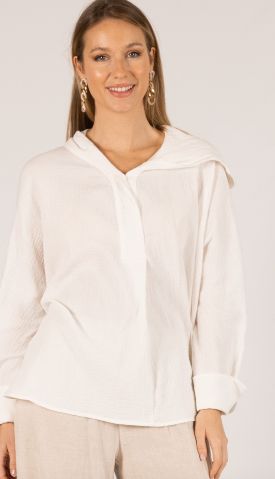 Gauze Hooded Long Sleeve Top