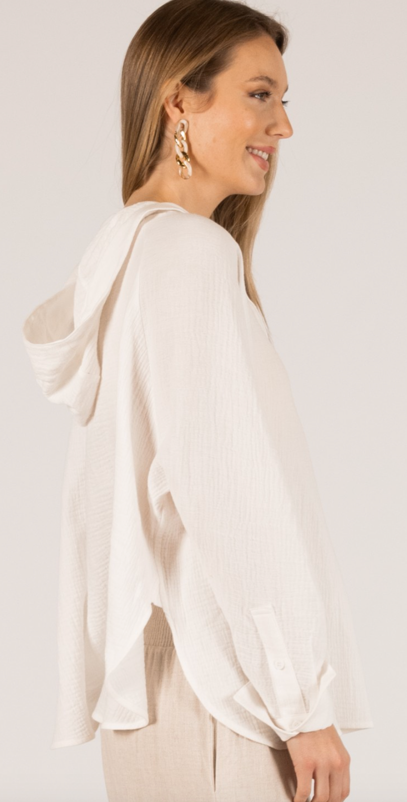 Gauze Hooded Long Sleeve Top