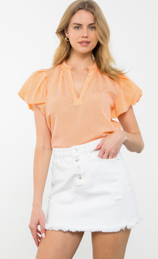 Orange & White Short Sleeve Striped Ruffle Top