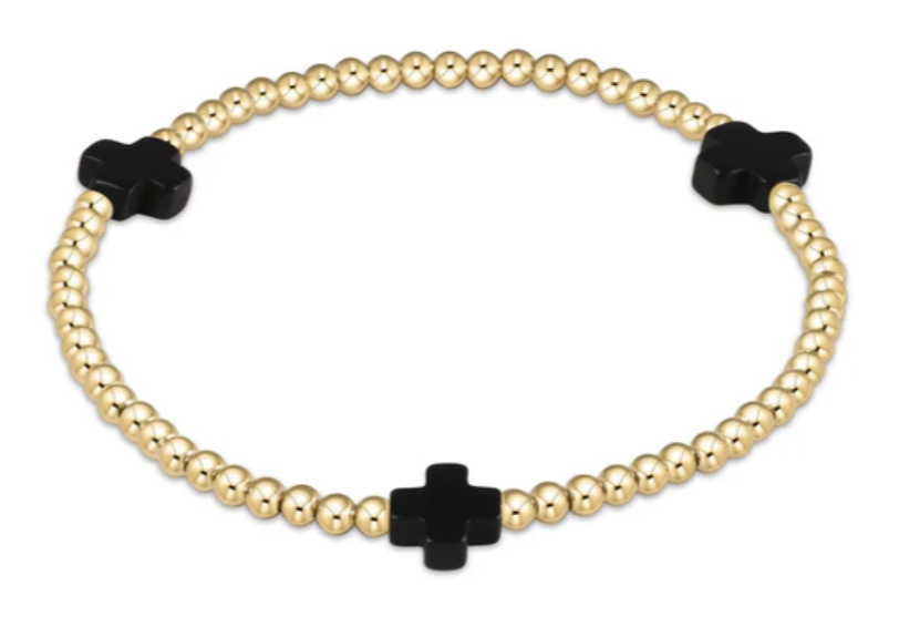 Signature cross gold pattern 3mm bead bracelet - Onyx