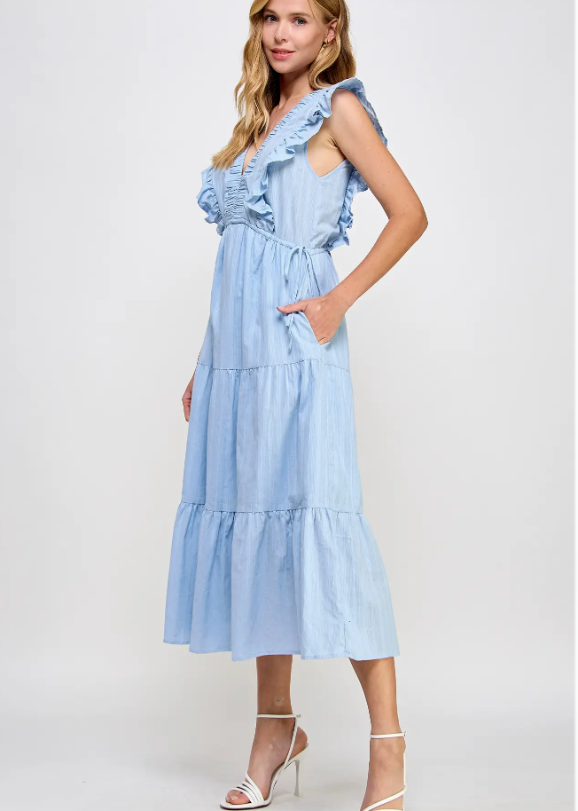 Rachel Ruffle Midi Dress- Baby Blue