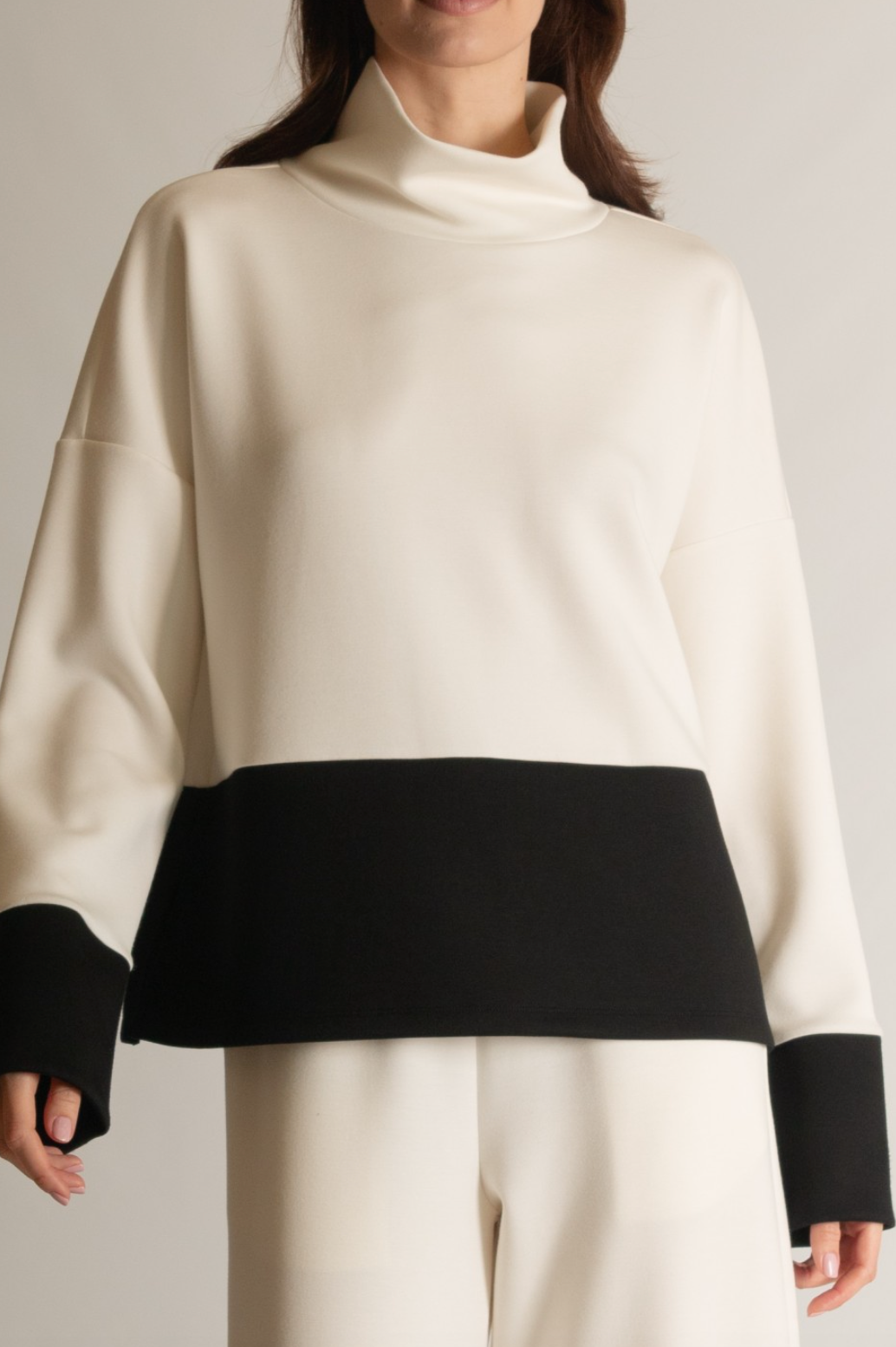 Scuba Color Block Mock Neck Top-Ivory/black