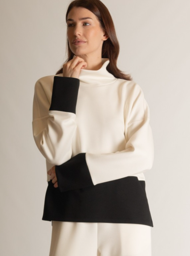 Scuba Color Block Mock Neck Top-Ivory/black